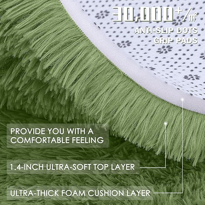 OLANLY Green Round Rugs for Bedroom - Machine Washable, 4 ft Circle Area Rugs for Living Room, Soft and Fluffy Shaggy Carpet for Teen Girl and Boys, Nursery Rooms, Dorms, Home Decor Aesthetic