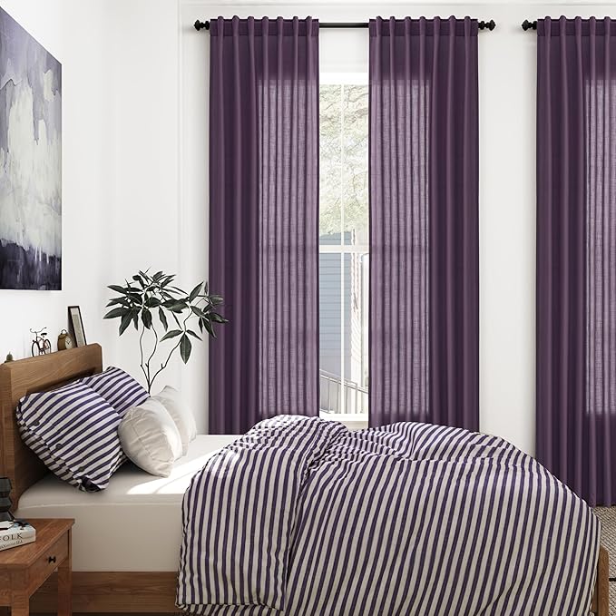 Nanspring Plum Linen Curtains 96 Inches Long 2 Panels Set for Living Room Rod Pocket Back Tab Semi Sheer Light Filtering Protect Privacy Plum Curtain for Bedroom Floor Length 52x96