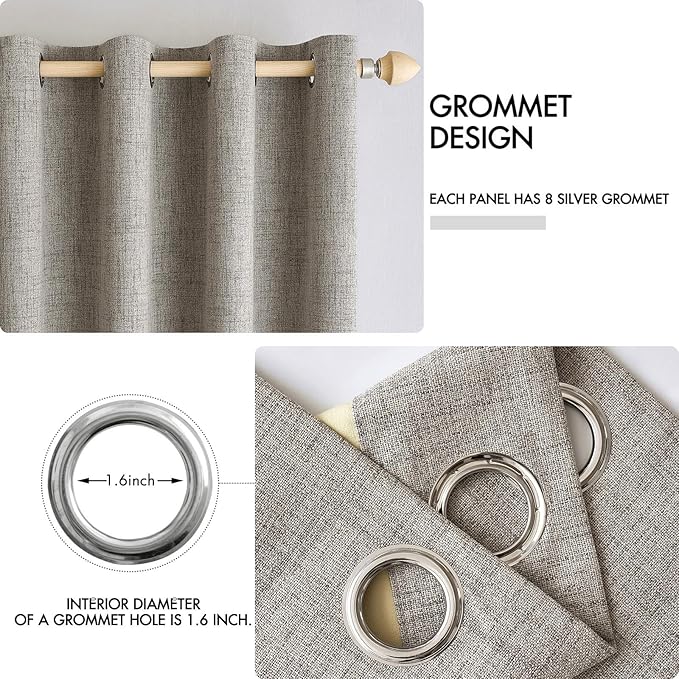 MIULEE Linen Curtains for Bedroom Solid 100% Blackout Thermal Insulated Greige Curtains Grommet Room Darkening Drapes for Living Room Nursery 52x54 Inch (2 Panels)