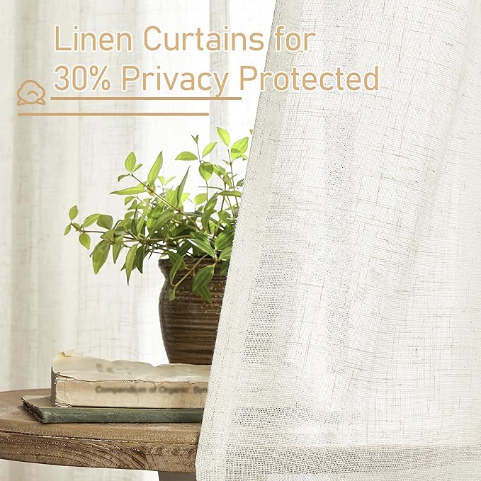 LAMIT Cream Sheer Linen Curtains for Windows 60 Inch Length, Light Filtering Short Drapes Bronze Grommet Neutral Boho Panels for Bedroom/Kitchen, 2 Panels, 34 x 60 Inch