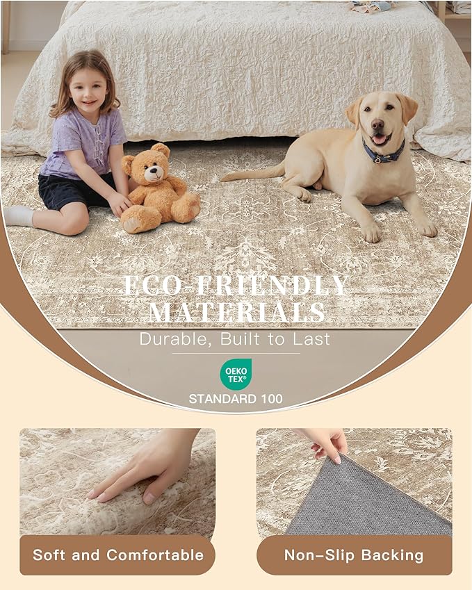 Madane 8x10 Area Rugs for Living Room, Machine Washable Vintage Natural Rug with Non-Slip Backing, Soft Large Throw Rug, Thin Carpet for Bedroom Dining Room Farmhouse (8 x 10, Beige/Brown)