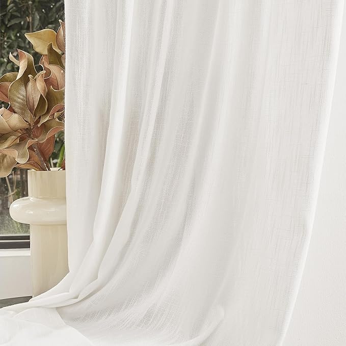 MYSKY HOME Natural Living Room Curtains Boho Semi Sheers Light Filtering Back Tab Privacy Drapes for Patio Pergola Gazebo Nice Vertical Elegant Style, Beige White, 50 x 95 Inches, 2 Panel Sets
