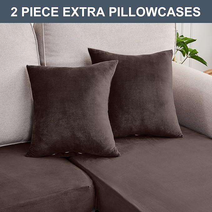 Couch Cover 3-Piece Elastic Velvet Couch Cushion Covers & Chaise Slipcovers for L-Shaped Sofas - Sofa Seat Covers Washable, Soft Protector for Couches (2 Seater + Chaise, Coffee)
