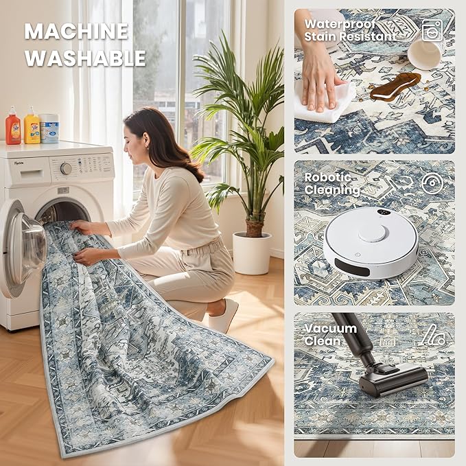 zesthome 8x10 Area Rugs-Washable Rug for Living Room, Non-Slip Backing Rugs, Stain Resistant 8x10 Rug for Bedroom, Ultra-Thin Low Pile Rugs, Vintage Large Home Decor