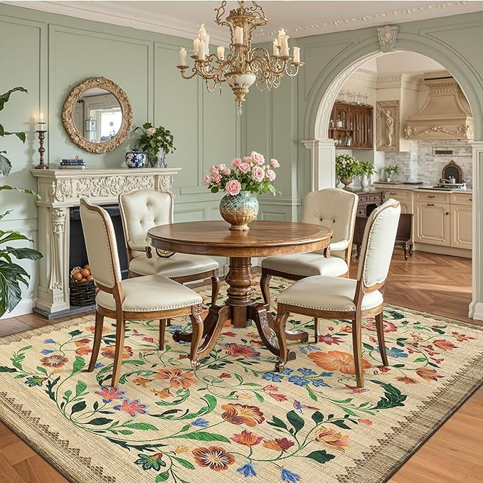 GarveeHome Washable Rug 9x12 Area Rugs for Living Room, Floral Rug for Bedroom, Soft Vintage Non Slip Throw Rugs with Rubber Back, Low Pile Stain Resistant Boho Floral Carpet for Dining Room, Beige