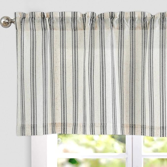 jinchan Linen Striped Valance Window Treatment for Bathroom Living Room Light Filtering Ticking Stripe Farmhouse Valance Curtain 16 Inch Rod Pocket 1 Panel Black on Linen