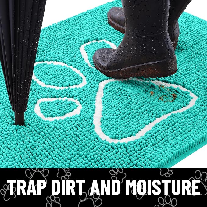 Smiry Dog Door Mat for Muddy Paws, Absorbent Dirt Trapper Non Slip Quick Dry Washable Chenille Mat for Mud Dogs, Entry Rug for Indoor and Outdoor (36x24 Inches, Turquoise and White)