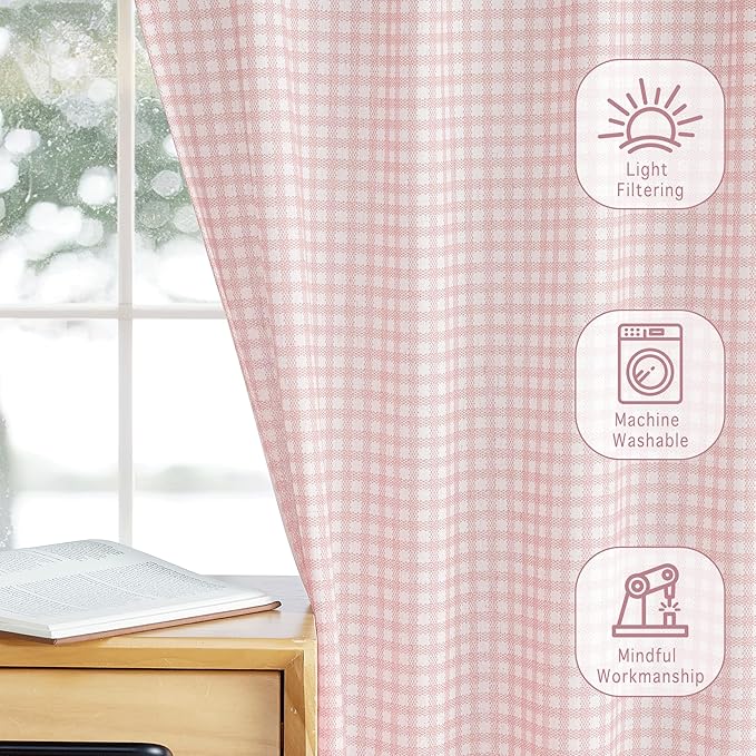 RYB HOME Kithen Curtains Rustic Plaid Cafe Valance, Classic Short Checkered Drapes 36 inch Length Small Window Treatment for Living Room Bathroom Bistro Farmhouse, Pink, W26 x L36, 2 Panels