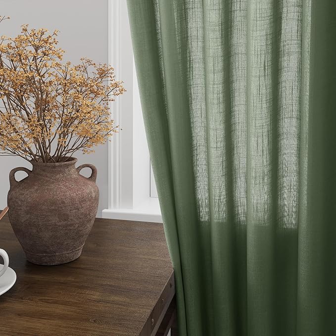 Olive Green Linen Textured 96 Inch Curtains 2 Panel Set Back Tab Rod Pocket Sheer Light Filtering Boho Room Decor Aesthetic Curtains Burlap Look Curtain Drapes for Living Room Bedroom 40x96 Inch