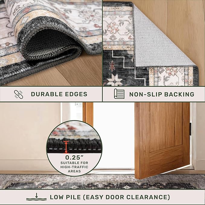 Black Entryway 2x5 Runner Rug, Small Throw Runners for Kitchen Bedroom Bathroom Laundry Room, Vintage Floral Decor & Non-Slip Low-Pile Washable Stain Resistant, Dark Ashen Charcoal