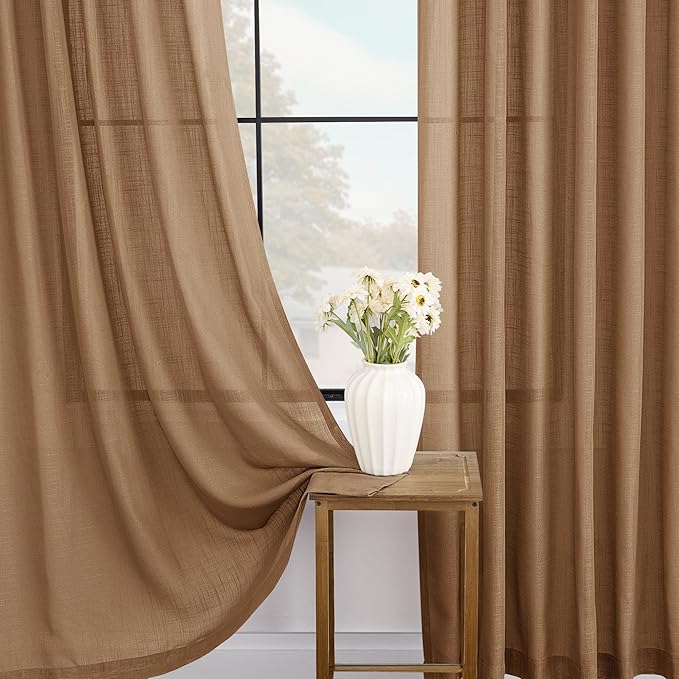 Brown Curtains for Living Room Back Tab Modern Farmhouse Semi Sheer Curtains 144 inches Long 2 Panels Set Muted Neutral Window Curtain for Dining Room Bedroom 52x144