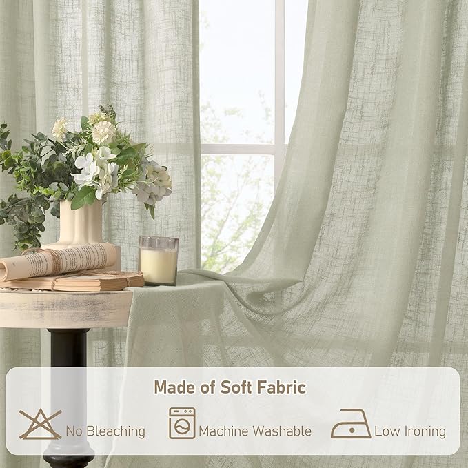 LAMIT Sage Grey Linen Curtains 72 Inch for Living Room 2 Panels, Linen Textured Light Filtering Semi Sheer Bronze Grommet Privacy Panels for Bedroom/Farmhouse, 52 x 72 Inch
