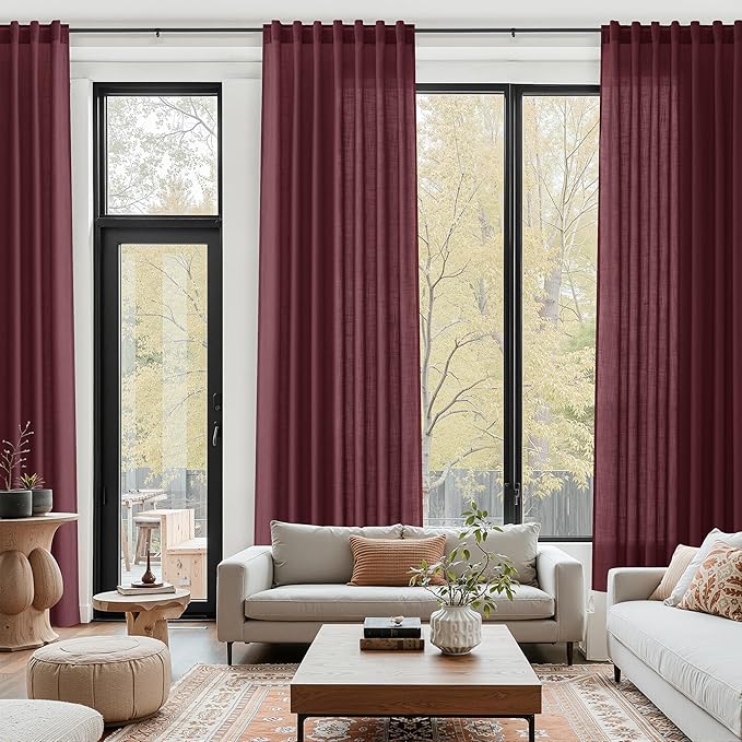 Nanspring Burgundy Linen 112 Inch Curtains for Living Room Light Filtering Semi Sheer Curtain Back Tab Vintage Boho Decor Elegant Drapes Floor to Ceiling High Window for Bedroom 52x112, 2 Panels