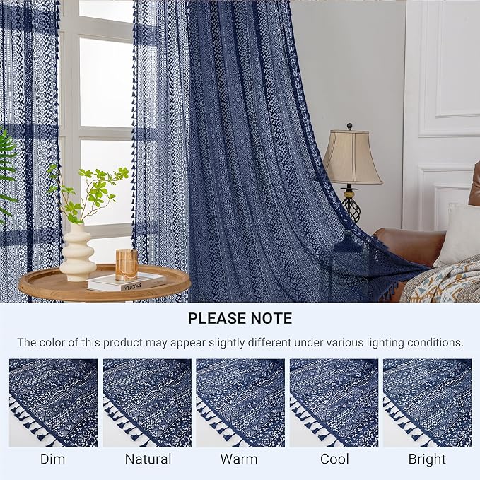 WAZZIO Boho Lace Curtains 84 Inches 2 Panel,Light Filtering Privacy Tassel & Geometry Crochet Semi Sheer Curtain Drapes for Bedroom Living Dining Room,Rod Pocket & Tassel,Navy Blue