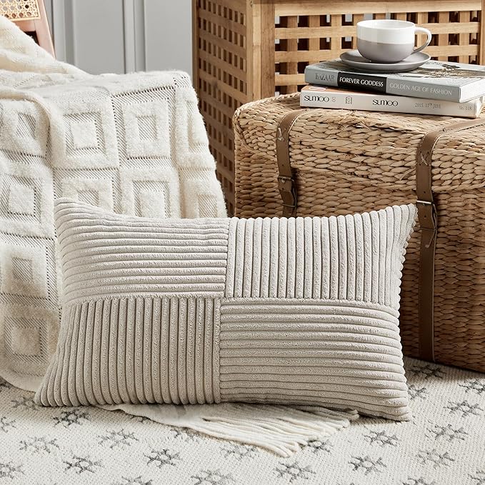 Fancy Homi 2 Packs Neutral Taupe Lumbar Decorative Throw Pillow Covers 12x24 Inch for Living Room Couch Bed Sofa, Farmhouse Home Decor, Soft Striped Corduroy Rectangle Accent Cushion Case 30x60 cm