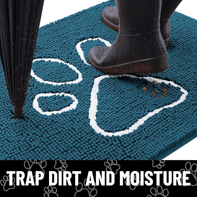 Smiry Dog Door Mat for Muddy Paws, Absorbent Dirt Trapper Non Slip Quick Dry Washable Chenille Mat for Mud Dogs, Entry Rug for Indoor and Outdoor (70x24 Inches, Atlantic Blue and White)