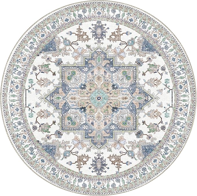 OPPODREAM Soft Round Rug 5ft, Washable Circle Rug 5ft with Non Slip Backing Play Room, Low-Pile Carpet 5 ft, Faux Cashmere Throw Carpet, Purple & Green & Cream