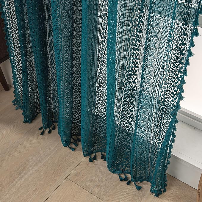WAZZIO Boho Lace Curtains 84 Inches 2 Panel,Light Filtering Privacy Tassel & Geometry Crochet Semi Sheer Curtain Drapes for Bedroom Living Dining Room,Rod Pocket & Tassel,Coastal Style,Teal