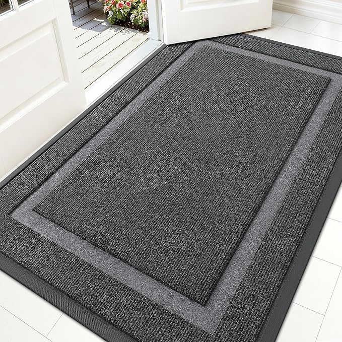 OLANLY Front Door Mat Indoor Outdoor Entrance, Waterproof All-Season, All-Weather Doormat, Sturdy Natural Rubber, Fade Resistant, Low Profile, Easy Clean Patio Porch Entryway Mat, 59x35, Grey