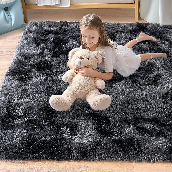 Pionblank 9x12 Area Rug, Large Area Rug for Living Room, Shag Rug for Bedroom, Soft Furry Non Slip Carpet for Kids Room Nursery Teens Dorm Home Decor, Dark Grey