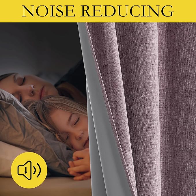 NICETOWN Chaise Mauve Vintage Linen 100% Blackout Curtains for Living Room, Thermal Insulated Curtains 95" Long, Noise Reducing Window Treatment Drapes for Bedroom, 52" Wide Per Panel, Set of 2