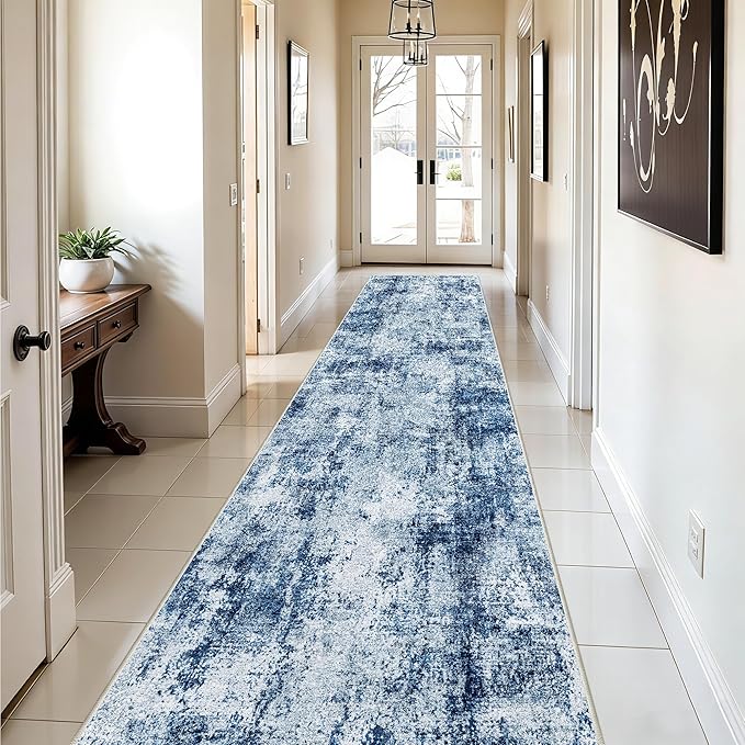 3x12 Washable Hallway Runner Rug: Non Slip Carpet Runners Easy-to-Clean - Soft Living Room Bedroom Kitchen Rugs - Thin Low Pile Printed Floor Mat for Dining Room Neutral Blue