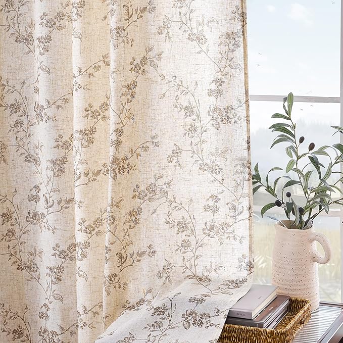 Lazzzy Taupe Floral Linen Curtains 84 Inch Farmhouse Curtain Back Tab Drapes for Living Room Bedroom Light Filtering Vintage Rod Pocket Curtains for Home, 2 Panels, Taupe on Beige