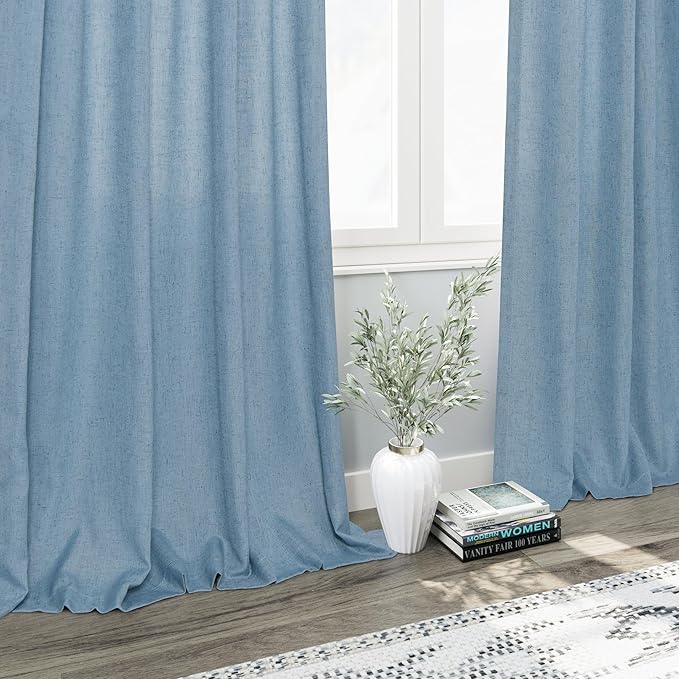 Linen Blue Curtains 108 inch Extra Long for Living Room Back Tab Light Filtering Semi Sheer Drapes Modern Farmhouse Coastal Decor Textured Curtain for Floor to Ceiling High Window 52x108
