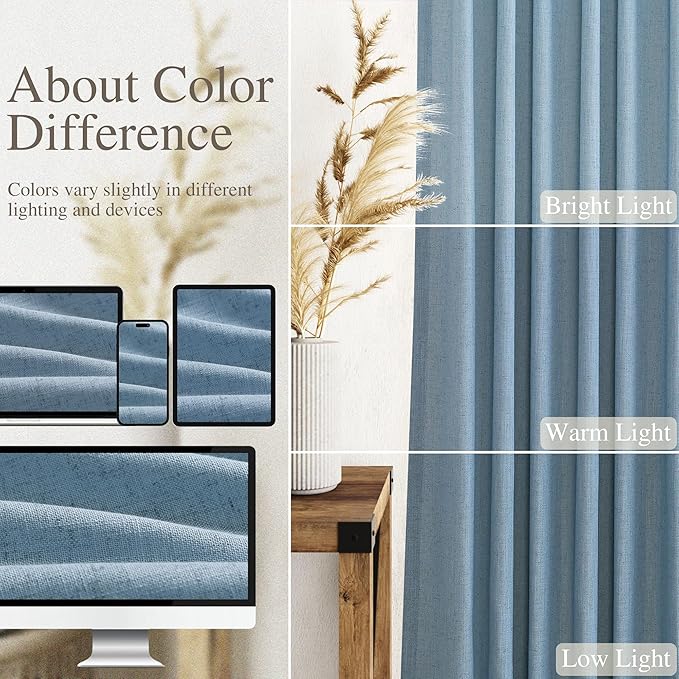 Linen Blue Curtains 108 inch Extra Long for Living Room Back Tab Light Filtering Semi Sheer Drapes Modern Farmhouse Coastal Decor Textured Curtain for Floor to Ceiling High Window 52x108