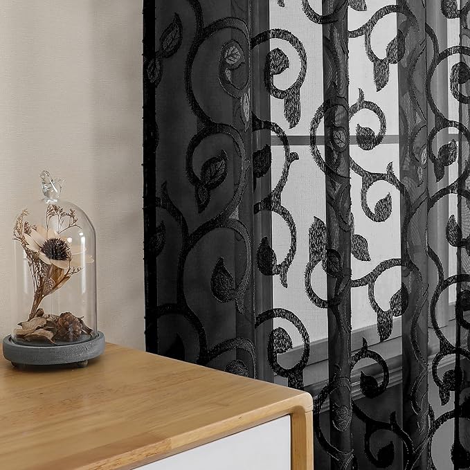 OWENIE Furman Black Sheer Curtains 84 inches Long for Bedroom Living Room 2 Panels Set, Light Filtering Window Curtains, Semi Transparent Voile Top Dual Rod Pocket, 40Wx84L inch, Total 84 Inches Width