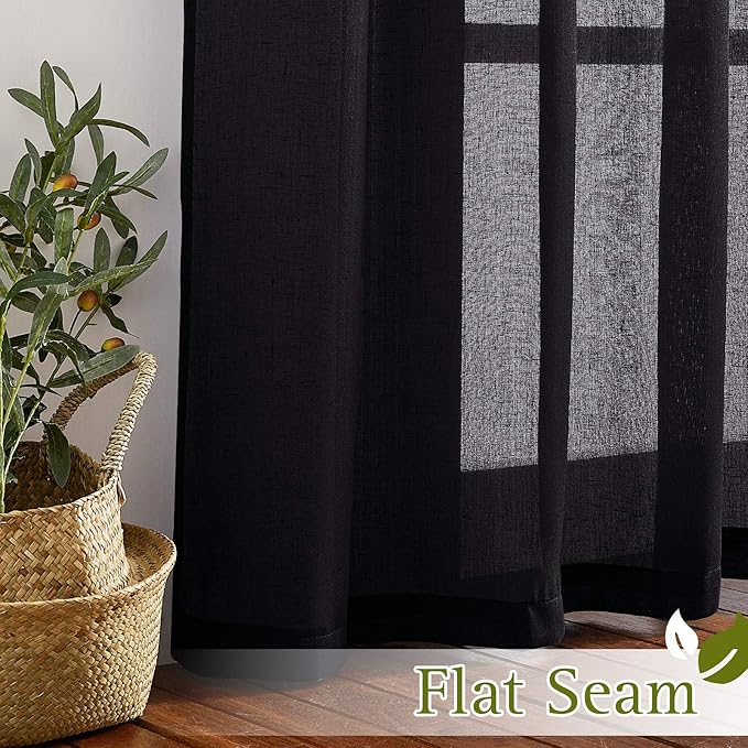 NICETOWN Black Semitransparent Sheer Curtains for Windows, Grommet Linen Blend Flax Durable Sheer Window Drapes Privacy Light Reducing Panels for Bedroom/Guest Room, W52 x L63, 2 Panels