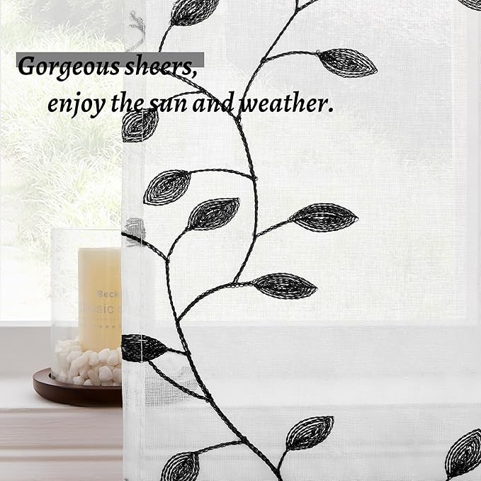 MRTREES Sheer Curtain Valance 2 Panels, Rod Pocket Voile Leaves Embroidered Christmas Valance for Windows, Small Sheer Kitchen Curtain Valance for Kitchen/Basement/Bathroom(54"x16", Black Leaves)