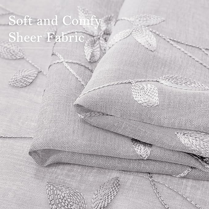 HOMEIDEAS Light Grey Sheer Curtains 52 X 96 Inches Length 2 Panels Embroidered Vine Floral Pattern Pocket Faux Linen Semi Sheer Voile Window Drapes for Bedroom Living Room