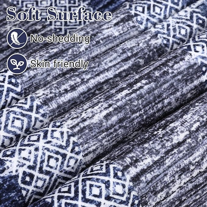 GarveeHome 6x9 Large Washable Area Rug Modern Bordered Rug Distressed Geometric Floor Carpet, Soft Non Slip Low Pile Non Shedding Rug, Indoor Navy Blue for Bedroom, Living Room