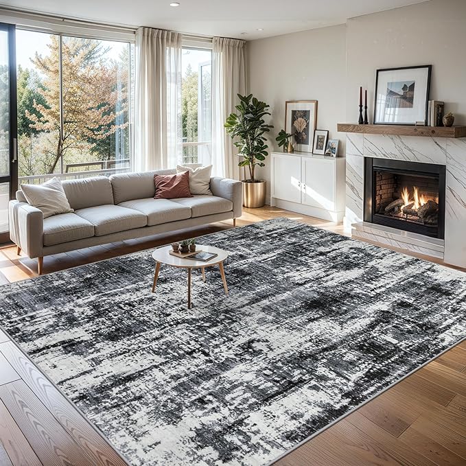 8x10 Area Rugs for Living Room - Washable Rug Modern Abstract Soft Large Neutral Non-Slip Carpet Indoor Floor Thin Carpets for Bedroom Dining Room Farmhouse Nursery Home Office Black