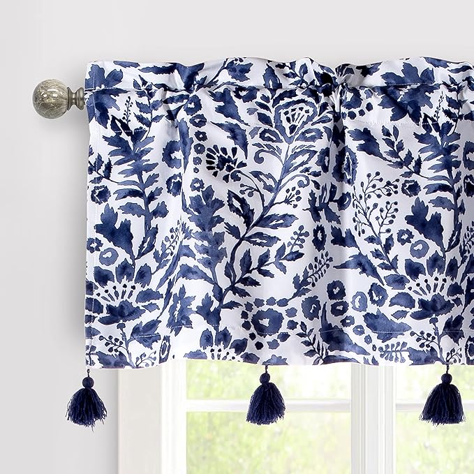 DriftAway Julia Lined Valance Double Layer Thermal Insulated Room Darkening Blackout Valances 3 Inch Rod Pocket Window Valance with Handmade Tassels for Bathroom Living Room 52 Inch by 18 Inch Navy