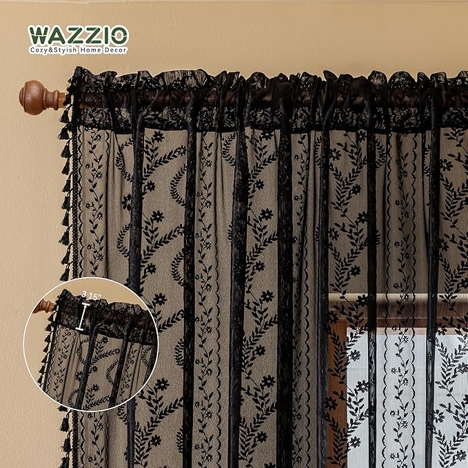 WAZZIO Boho Lace Curtains 84 Inch -Vintage Victorian Sheer Panel Drape Floral Pattern & Tassel Light Filtering Privacy for Bedroom Dining Living Room,Black Gothic Halloween Decor,2 Panels,W52 x 84L