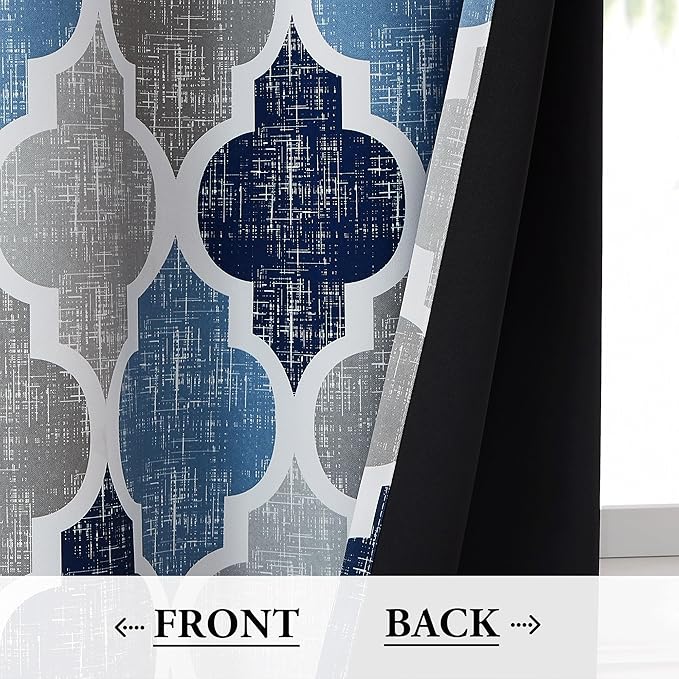 Beauoop 100% Blackout Curtains 63 Inches Long 2 Panels for Bedroom Living Room Blue Grey Moroccan Geo Room Darkening Thermal Insulated Soundproof Grommet Top Window Treatments Drapes, 50x63 Set of 2