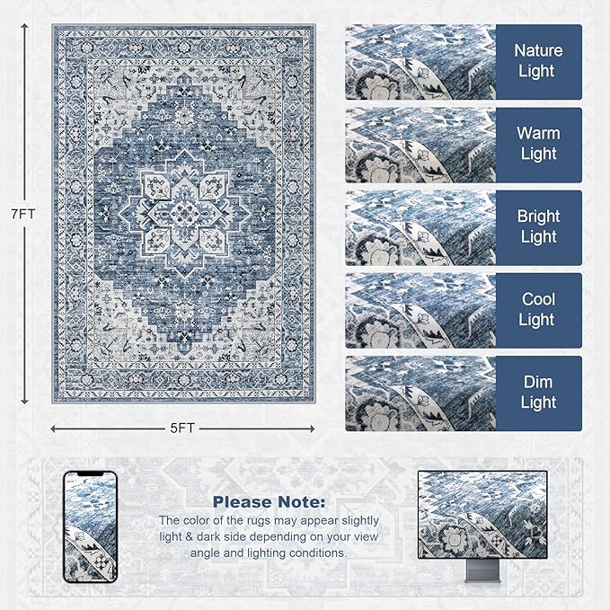 5x7 Area Rugs Living Room Rug: Washable Vintage Boho Medallion Rug No Slip Stain Resistant Soft Carpet Indoor Floor Large Carpets for Bedroom Dining Room Farmhouse Nursery Hallway Home Office Blue
