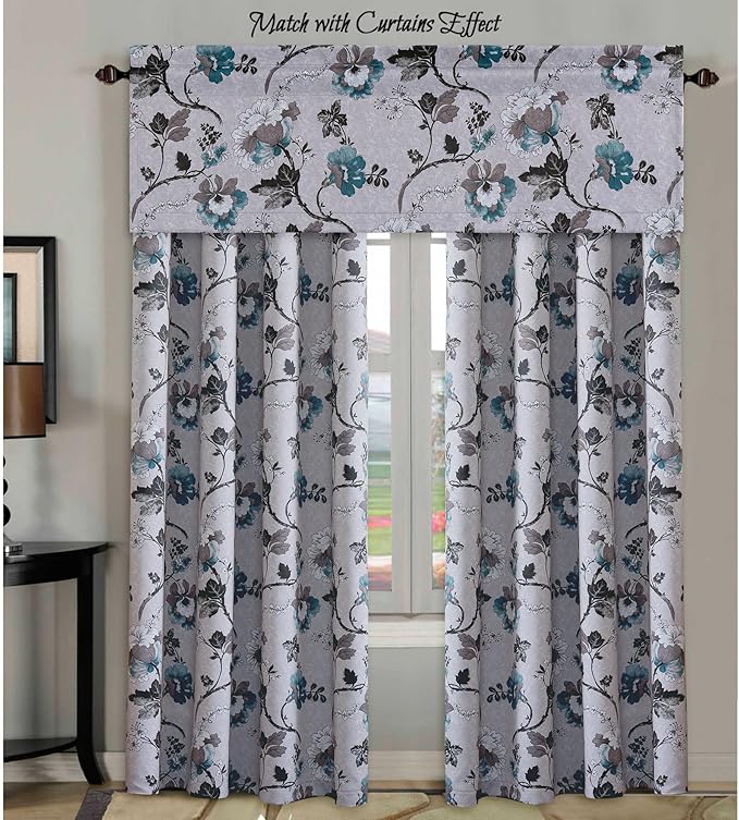 H.VERSAILTEX Blackout Curtain Valances for Kitchen Window/Living Room/Bathroom Privacy Added Rod Pocket Home Decoration Winow Valance, 52" W x 18" L, Floral in Grey and Teal