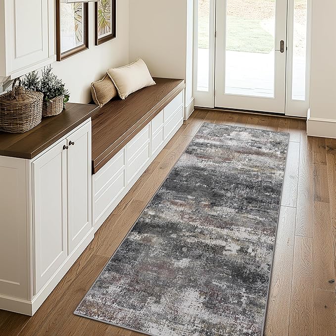 Runner Rug for Hallway Kitchen 2x10 Machine Washable Runners Rug for Entryway, Dark Gray Soft Modern Abstract Throw Rugs, Low Pile Floor Carpet with Non Slip Rubber Backing
