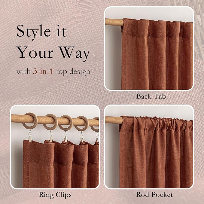 MYSKY HOME Semi Sheer Curtains 72 Inch Length for Bedroom 2 Panels, Light Filtering Privacy Drapes, Door Curtains for Closet Doorways Back Tab Soft Touch Style Texture for Kitchen, Terracotta, 50"x72"