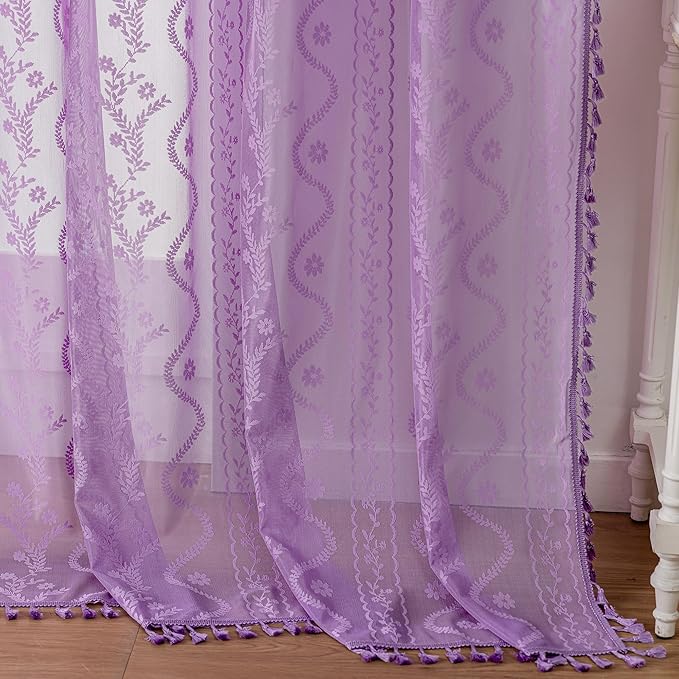 WAZZIO Boho Lace Curtains 84 Inch 2 Panels -Sheer Panel Drape Floral Pattern & Tassel Light Filtering Privacy for Bedroom Dining Living Room,Lilac Girl Women House Decor,Lavender Purple,W52 x 84L