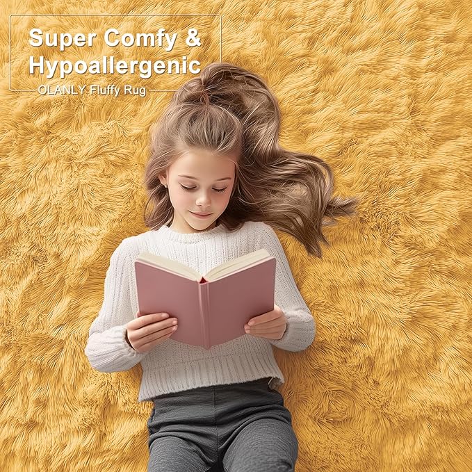 OLANLY 8x10 Machine Washable Large Area Rugs for Living Room, Bedroom, Soft Fluffy Shaggy Bedside Rug, Indoor Floor Carpet for Kids Girls and Boys, Dorms, Nursery, Home Decor Aesthetic, Mustard Yellow