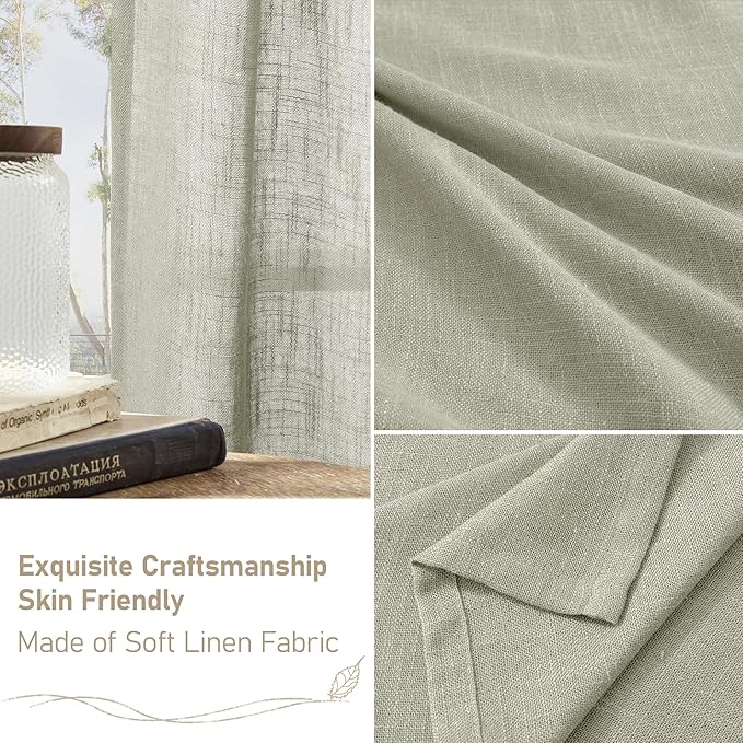 LAMIT Sage Grey Linen Curtains for Living Room 84 inch Length 2 Panels, Light Filtering Semi Sheer Curtains Back Tab and Rod Pocket Farmhouse Panels for Bedroom/Sliding Glass Door, 52 x 84 Inch