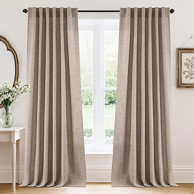 RYB HOME Linen Sheer Curtains and Drapes for Living Room and Dining Room 96 inches Length, Breathable Back Tab/Rod Pocket Semi Sheer Curtains, Oatmeal, W 52 x L 96 inches, 2 Panels Set