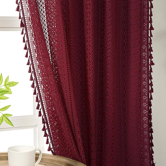 WAZZIO Boho Lace Curtains 63 Inches 2 Panel,Light Filtering Privacy Tassel & Geometry Crochet Semi Sheer Curtain Drapes for Bedroom Living Dining Room,Rod Pocket & Tassel,Burgundy Red