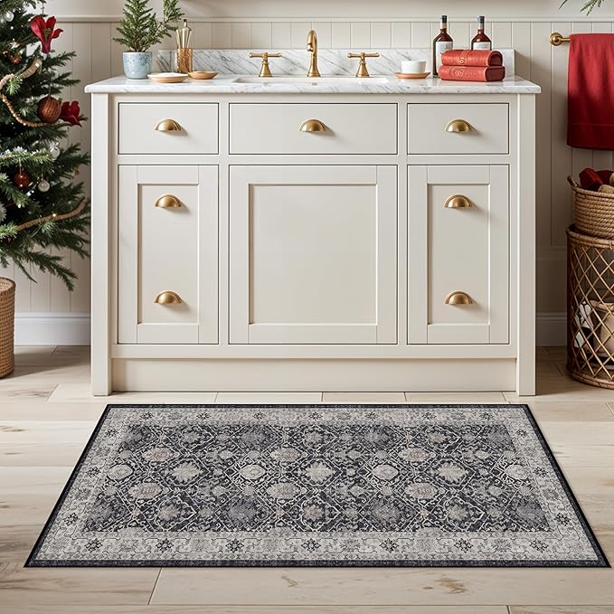 Washable 2x3 Entryway Area Rug: Vintage Soft Thin Door Mat with Non Slip Backing Water Resistant Carpet for Bedroom Low Pile Floor Mat for Kitchen Bathroom Easy Clean Rug for Family (2 X 3, Black)