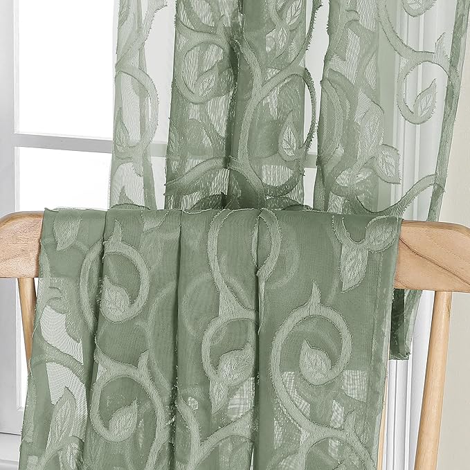 OWENIE Furman Sheer Sage Green Curtains 90 inches Long for Bedroom Living Room 2 Panels Set, Light Filtering Soft Semi Sheer Jacquard Clip Farmhouse Curtains Rod Pocket Design, Each 52Wx90L inch