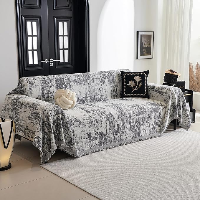 MYSKY HOME Sectional Couch Cover Deep Grey Abstract Geometric Sofa Covers for Sectional Sofa L Shape Chenille Couch Protector for Dogs Pets Couch Throw Cover Washable Durable for Home Decor, 91" X134"